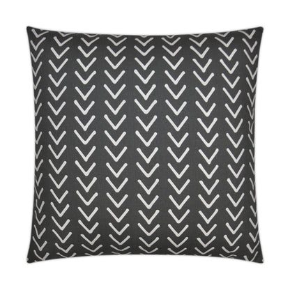 Square decorative throw pillow with dark charcoal background and white chevron pattern.