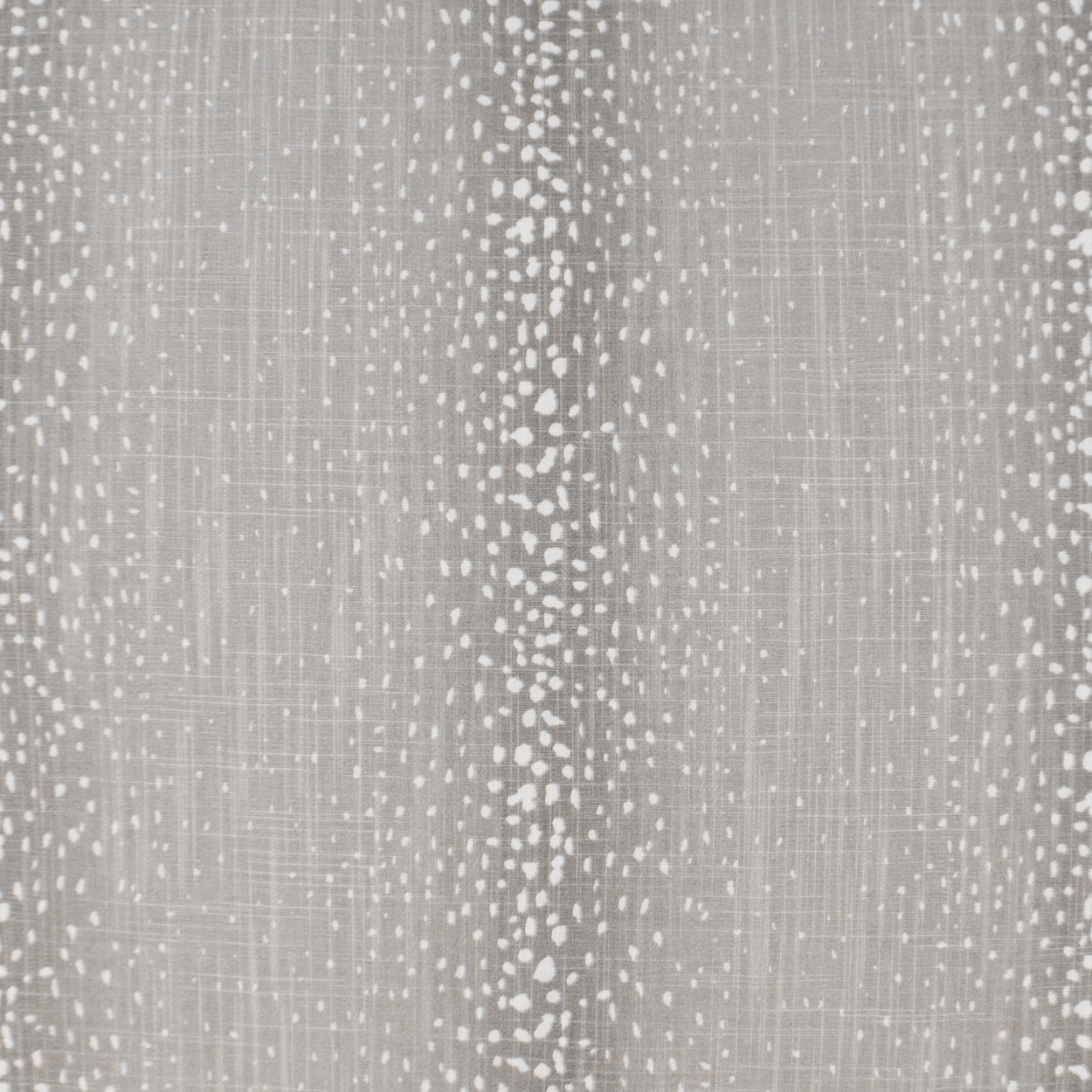 Gray linen-like fabric with white dotted vertical stripes, a soft lightweight textile for drapes or upholstery.