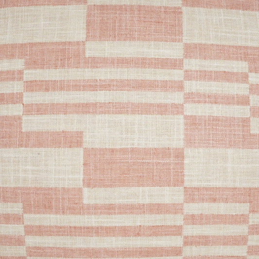 Pink and cream woven fabric with a geometric brick-like stripe pattern; linen-textured, ideal for upholstery or cushions.