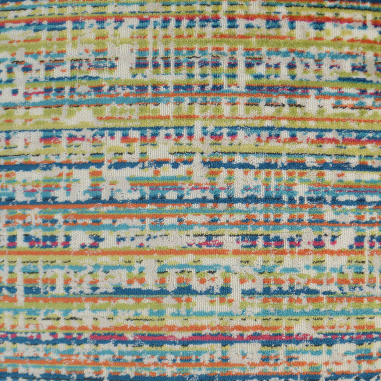 Colorful striped woven fabric with irregular horizontal bands in lime green, teal, blue, orange, pink, and white.