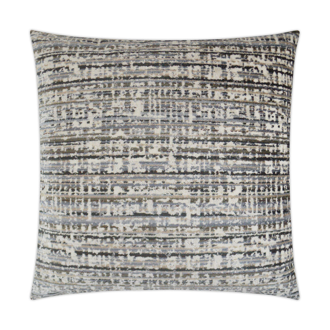 Square decorative throw pillow in gray, beige and black with abstract distressed stripe pattern.