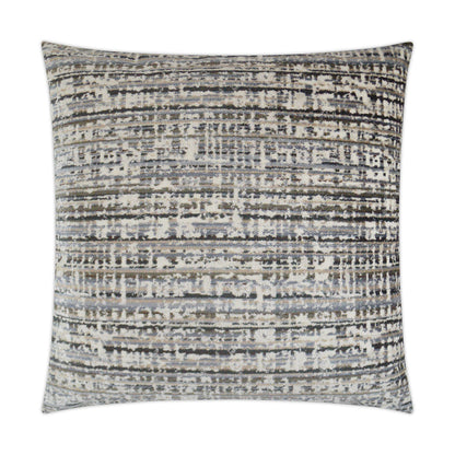 Square decorative throw pillow in gray, beige and black with abstract distressed stripe pattern.