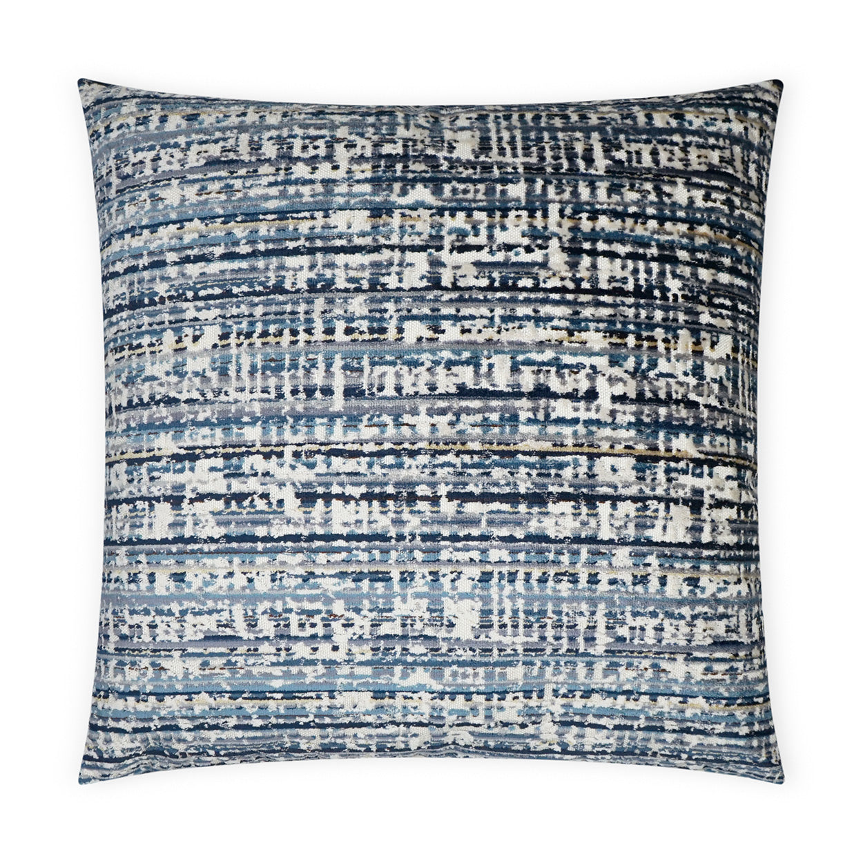 Square throw pillow with abstract blue striped pattern in navy, sky blue and ivory.