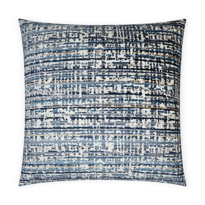 Square throw pillow with abstract blue striped pattern in navy, sky blue and ivory.