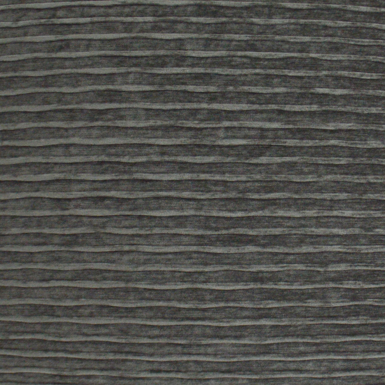 Charcoal gray ribbed fabric texture with subtle horizontal waves, suitable for upholstery or apparel.