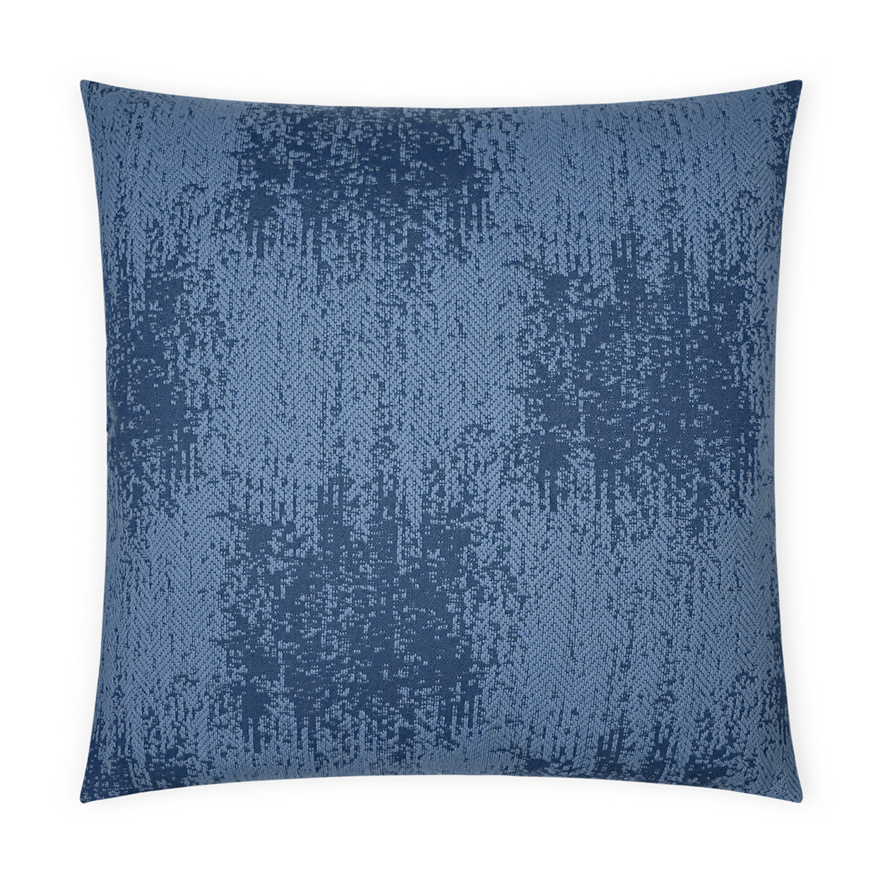 Square decorative pillow in navy and light blue with a textured jacquard abstract pattern.
