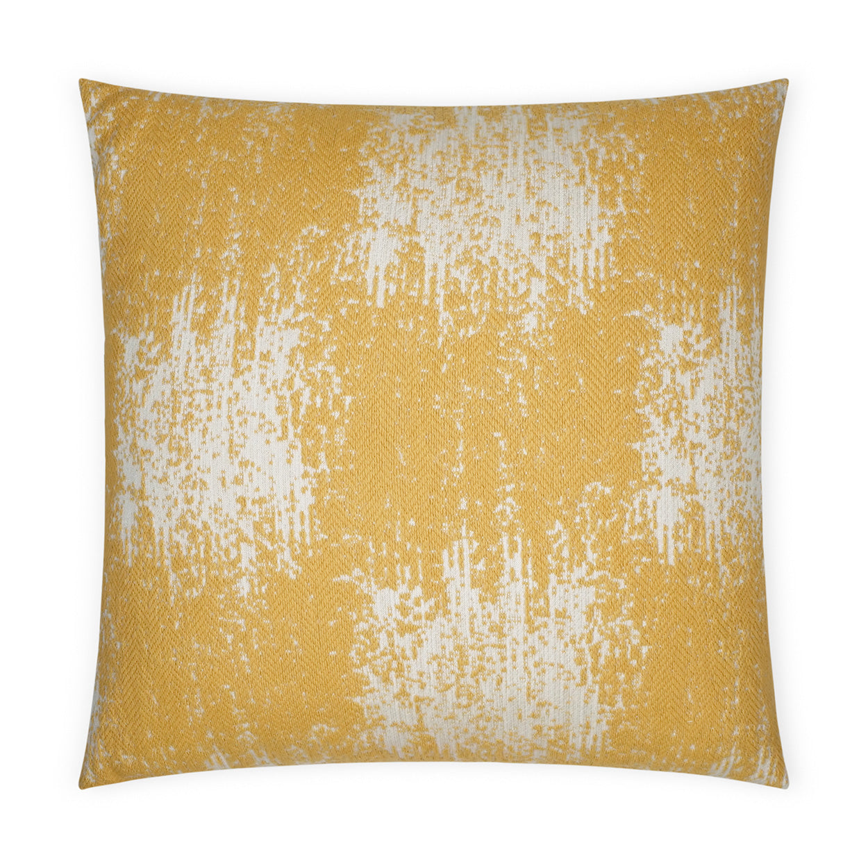 Golden yellow square throw pillow with white abstract brushstroke pattern and textured fabric.
