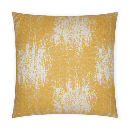 Golden yellow square throw pillow with white abstract brushstroke pattern and textured fabric.