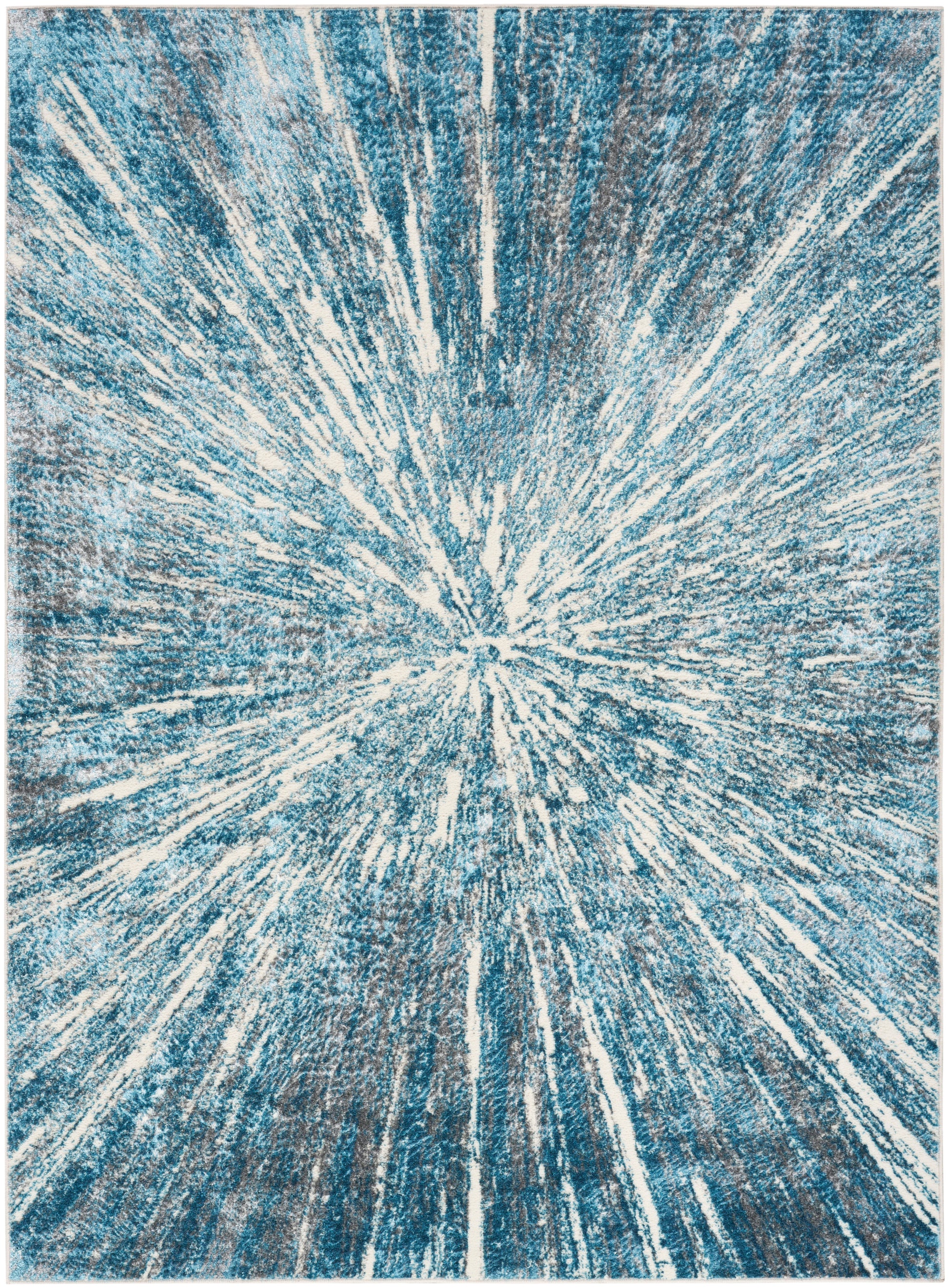 Blue and ivory abstract sunburst rug with radiating streaks and plush texture.