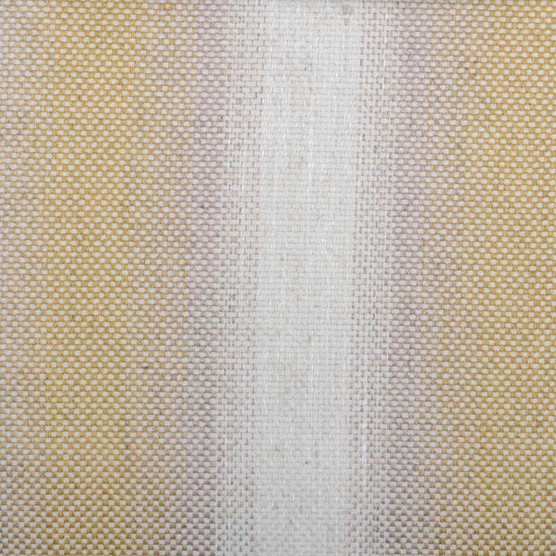 Beige and ivory striped woven upholstery fabric with a white central stripe; textured material.