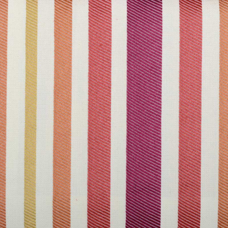Vertical striped woven upholstery fabric with a cream base; mustard, peach, orange, red, and magenta stripes; ribbed texture.