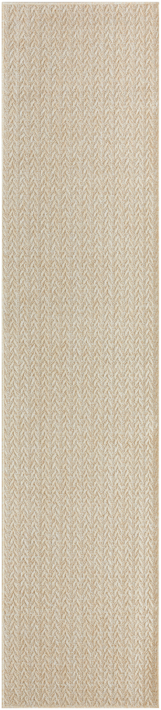 Beige woven runner rug with subtle chevron/herringbone pattern and textured surface.