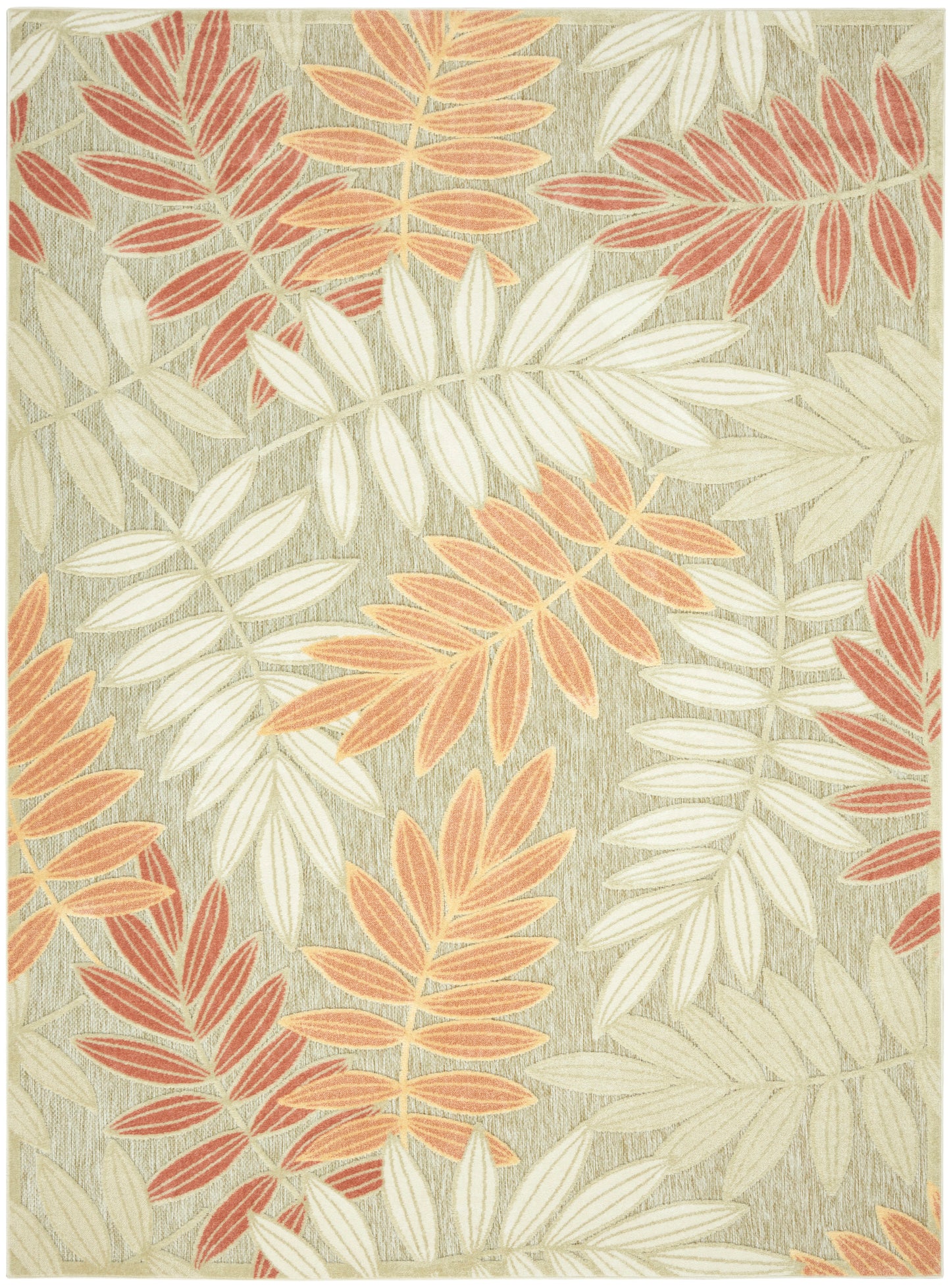 Rectangular rug with taupe background and cream, peach and coral botanical leaf pattern; woven texture.