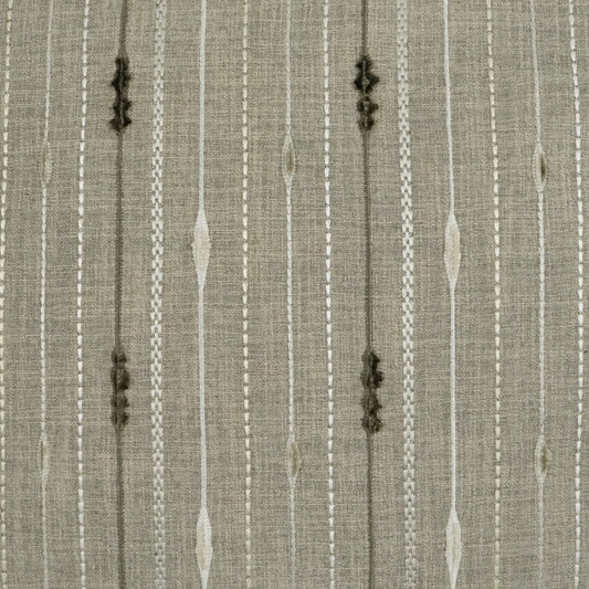 Beige woven fabric with vertical taupe stripes and ivory accents, subtle diamond motifs; upholstery or drapery textile.