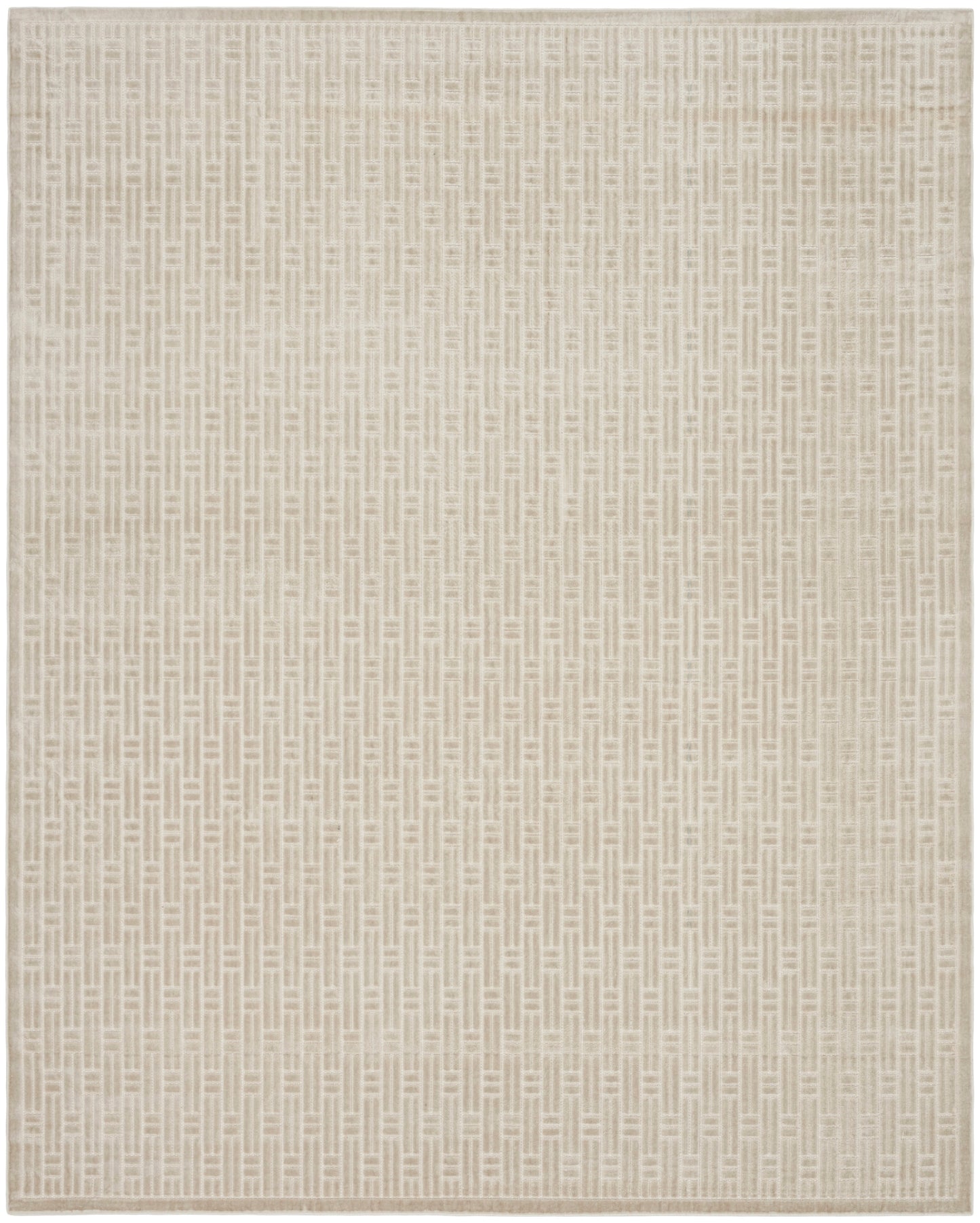 Beige rectangular area rug with a subtle woven geometric grid pattern; modern minimalist decor.