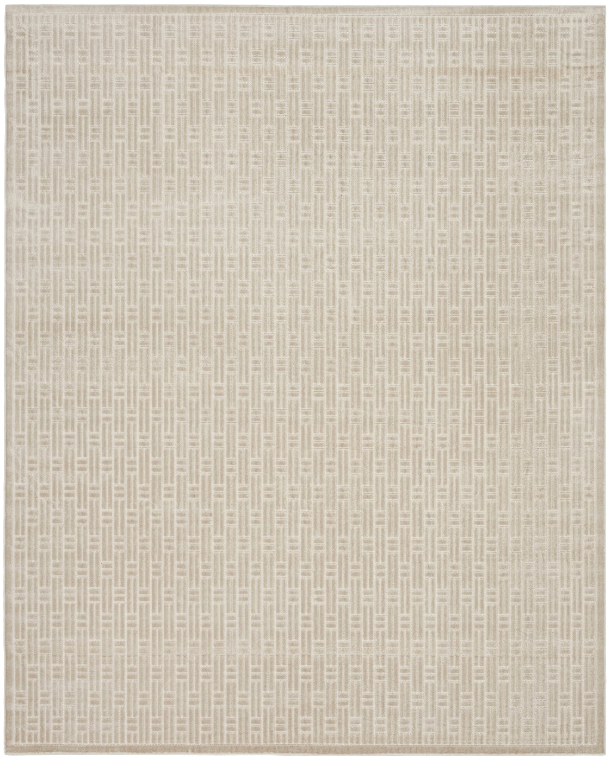 Beige rectangular area rug with a subtle woven geometric grid pattern; modern minimalist decor.
