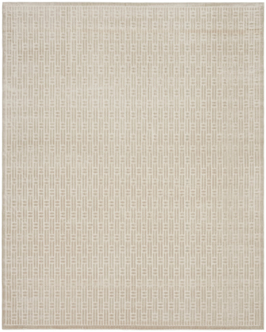 Beige rectangular area rug with a subtle woven geometric grid pattern; modern minimalist decor.