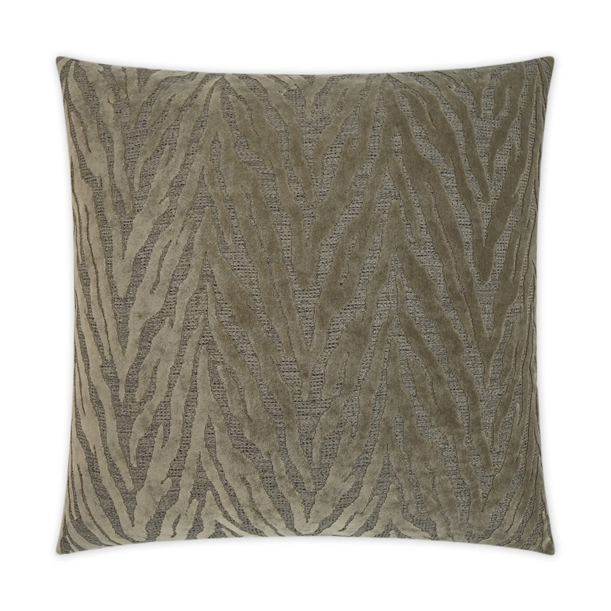 Taupe and olive zebra-pattern pillow with plush, textured fabric; square decorative cushion.