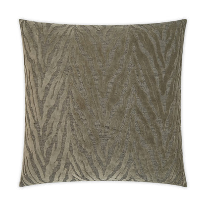 Taupe and olive zebra-pattern pillow with plush, textured fabric; square decorative cushion.