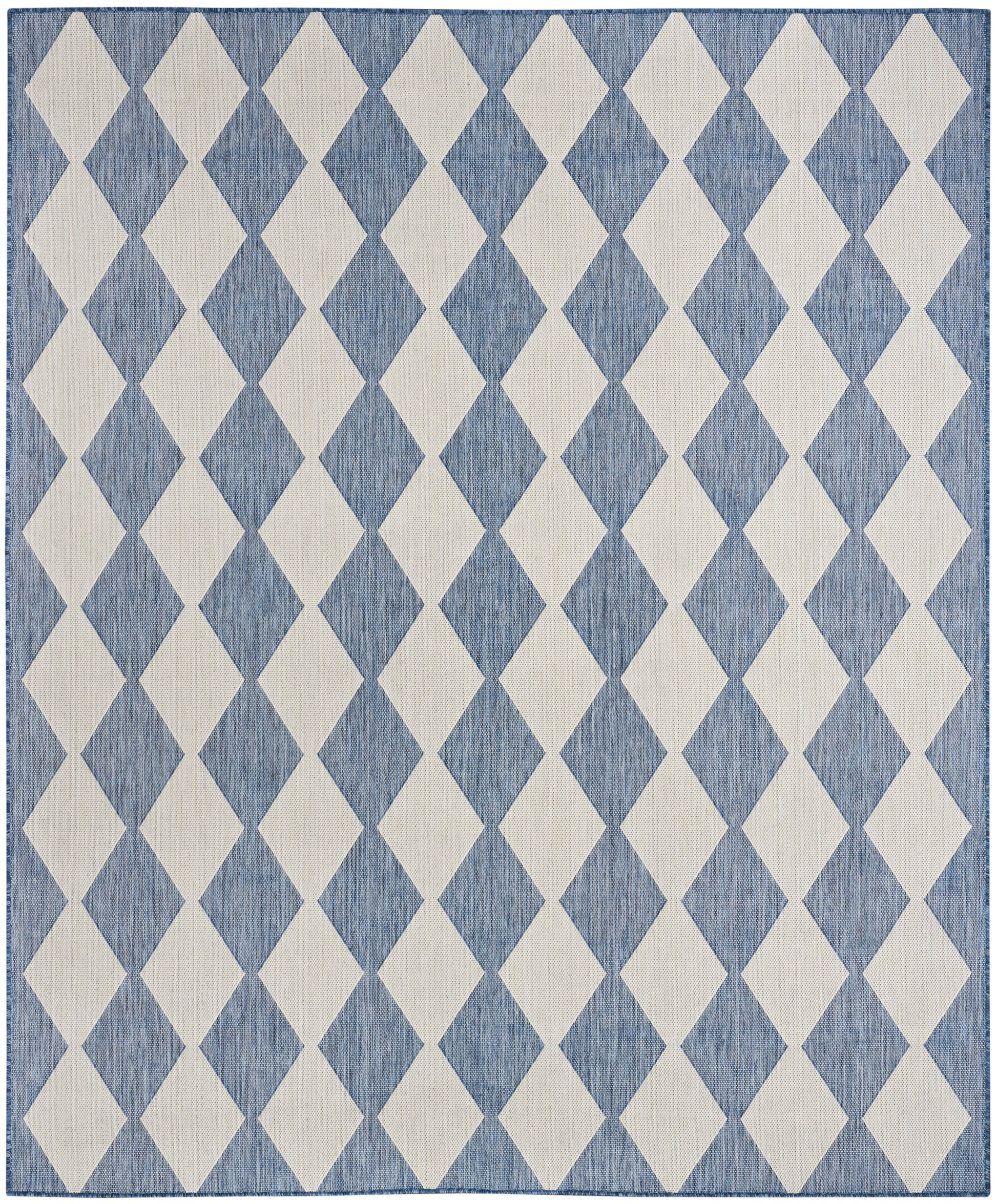 Rectangular blue and ivory diamond-pattern rug with repeating harlequin diamonds for modern living room decor.