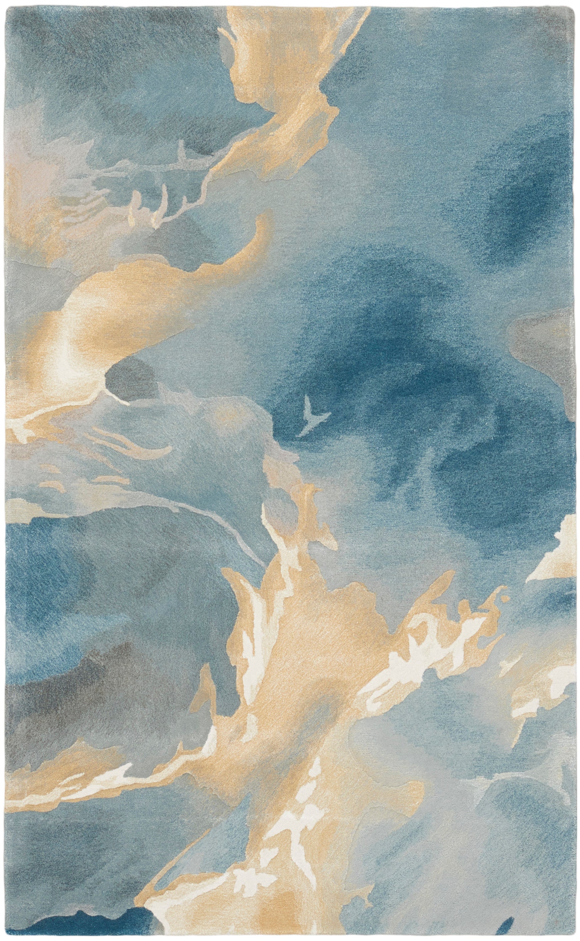 Abstract blue and sand-colored area rug with cream swirls and teal accents.