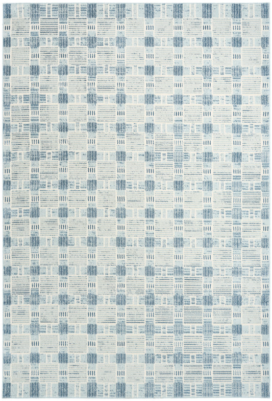 Blue and white geometric area rug with patchwork square blocks and striped textures; modern living room rug.