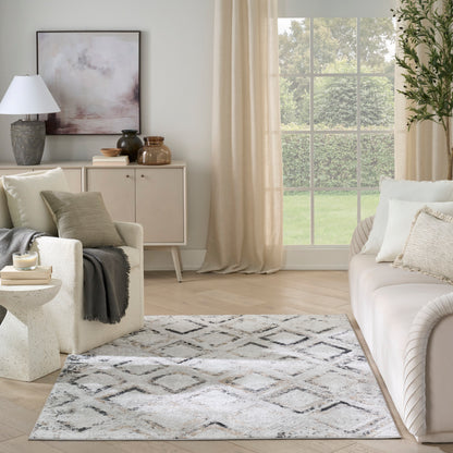 Neutral living room with a modern 4' x 6' rug on light wood floors.