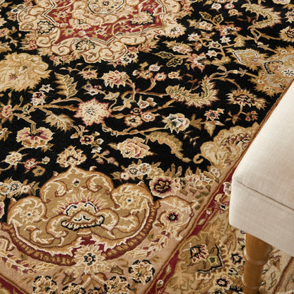 Oriental area rug with black field, ivory-gold floral border and red accents; plush, rectangular living-room rug.