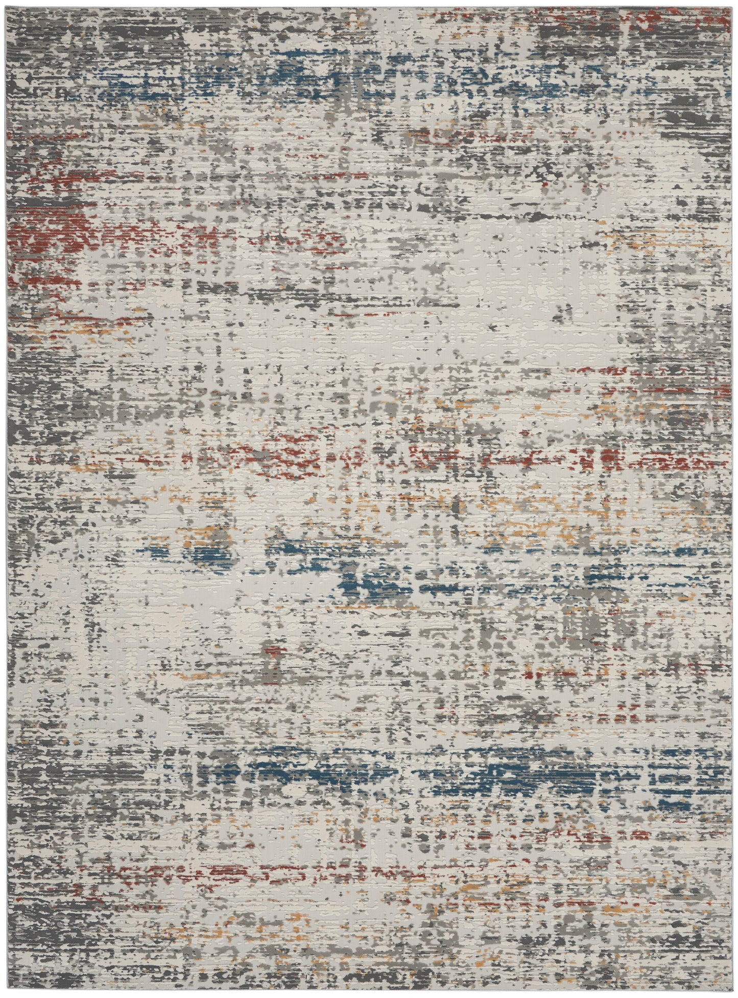 Abstract distressed area rug with gray base and blue, red, tan and orange accents; rectangular modern decor piece.
