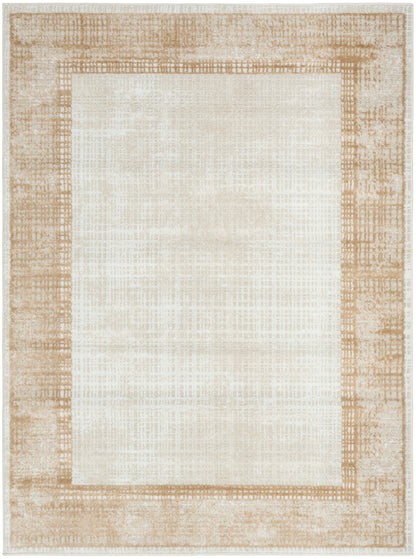 Neutral beige rug with cream center and textured tan border; rectangular, contemporary style.