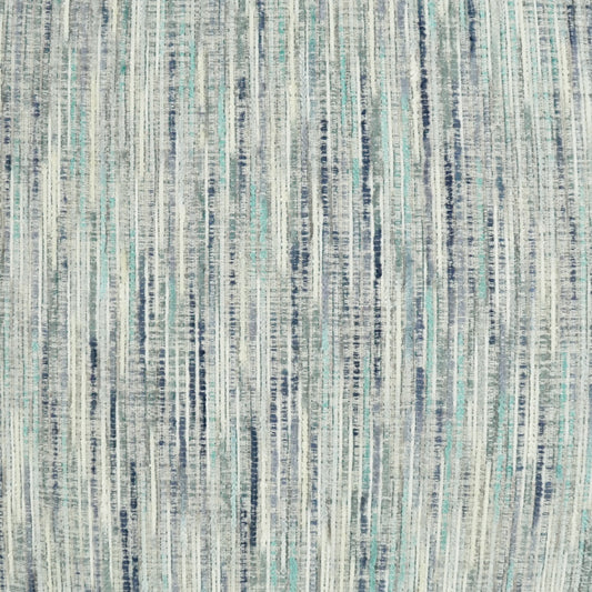 Soft woven fabric with vertical blue and teal stripes on a light gray background; versatile for upholstery or rugs.