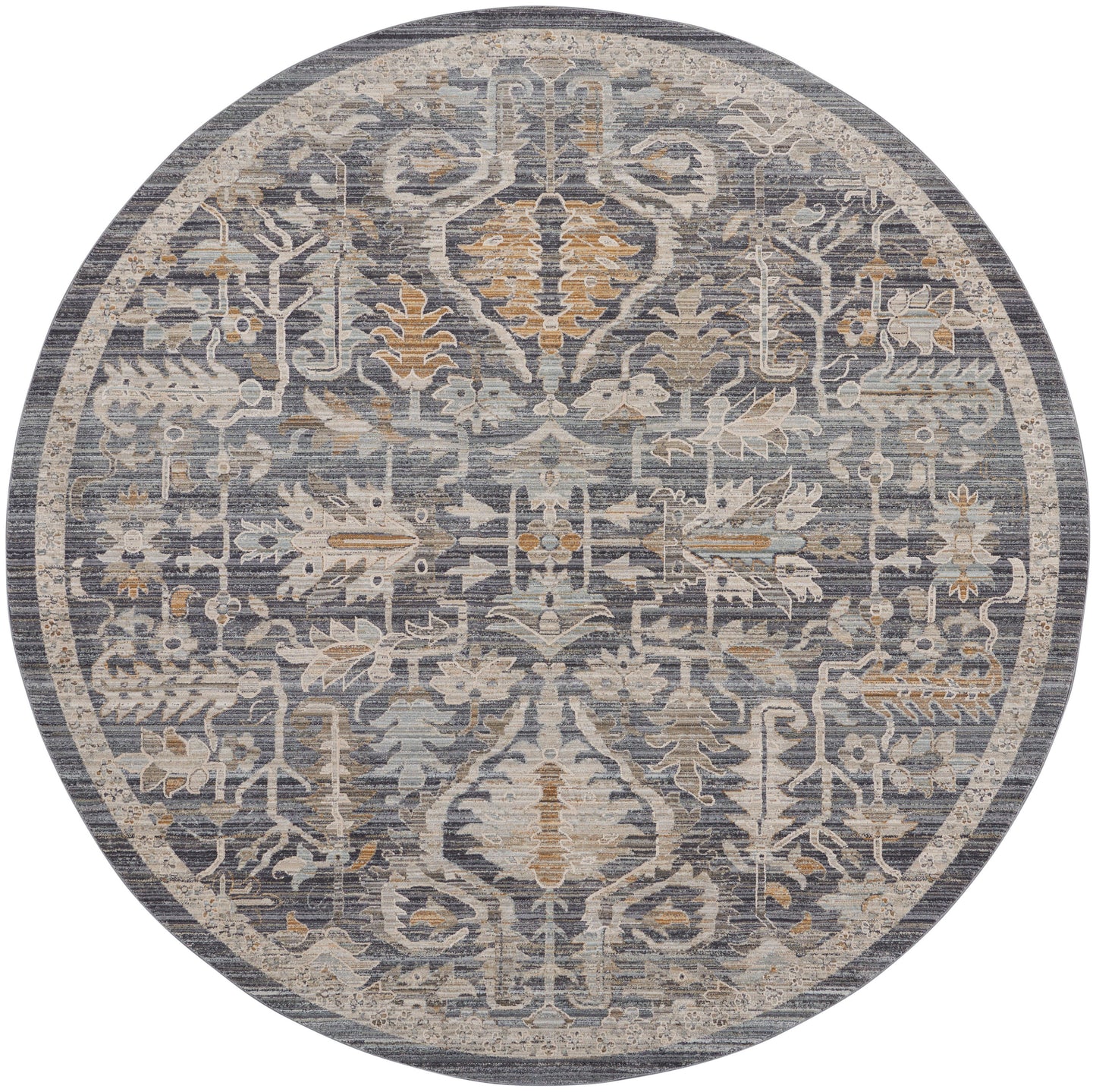 Round rug with muted gray-blue and beige floral pattern, ornate border, oriental style.