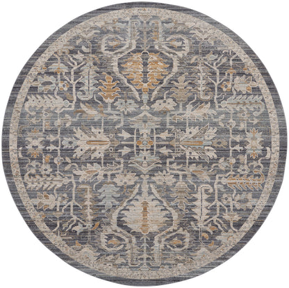 Round rug with muted gray-blue and beige floral pattern, ornate border, oriental style.