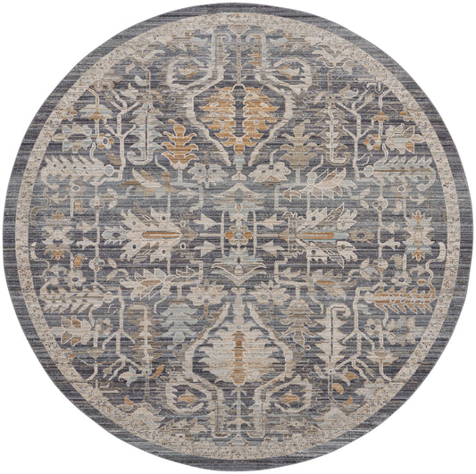 Round rug with muted gray-blue and beige floral pattern, ornate border, oriental style.