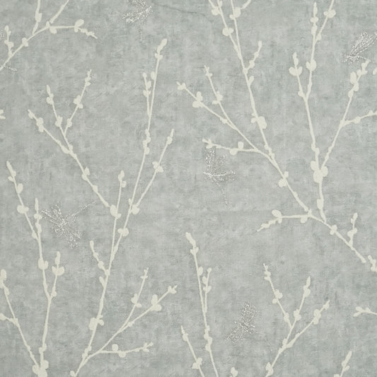 Gray-blue fabric with white twig botanical pattern; soft, versatile upholstery & drapery material.