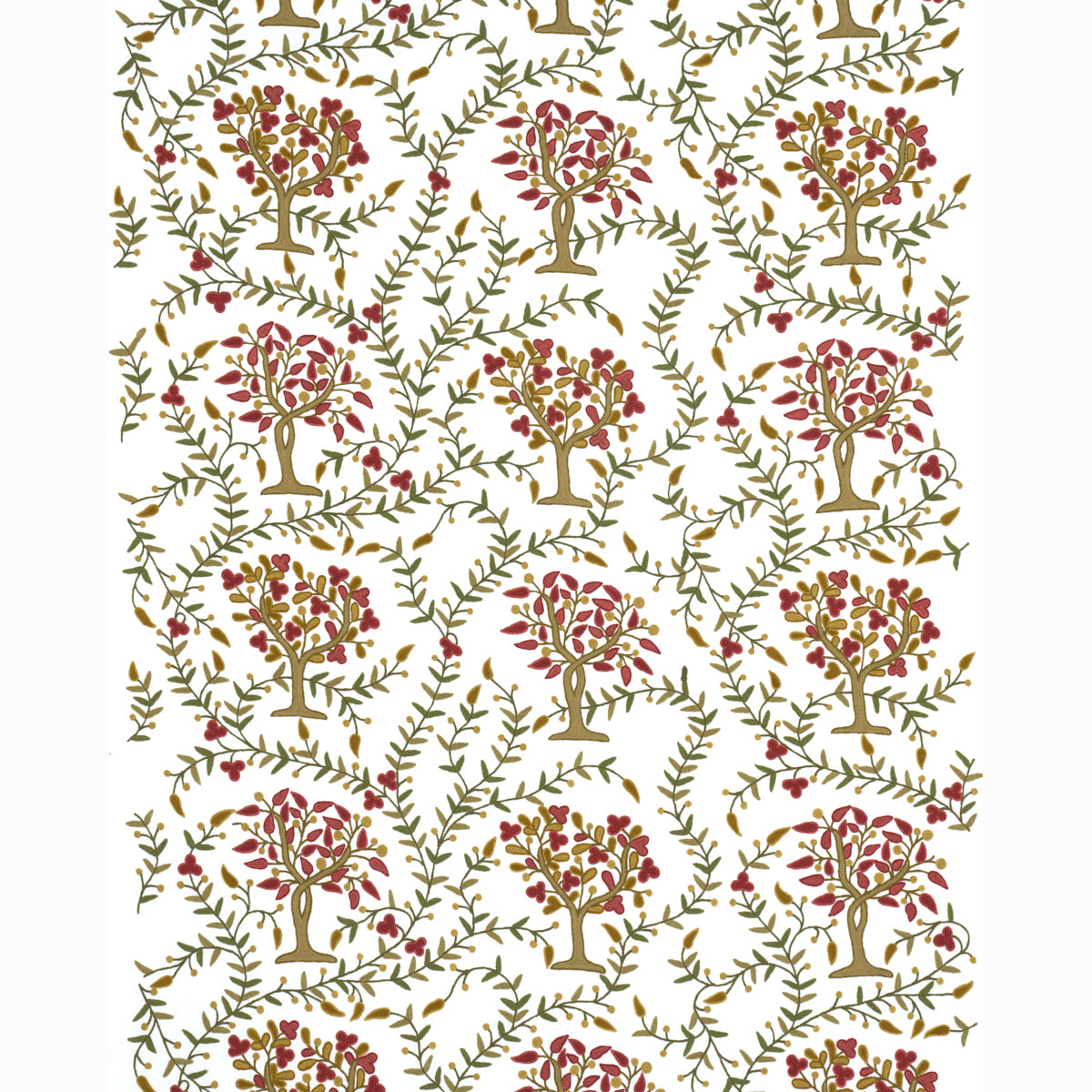 Repeating gold tree pattern with olive leaves and pink berries on white; vintage wallpaper/fabric design.