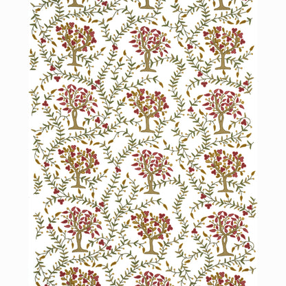 Repeating gold tree pattern with olive leaves and pink berries on white; vintage wallpaper/fabric design.