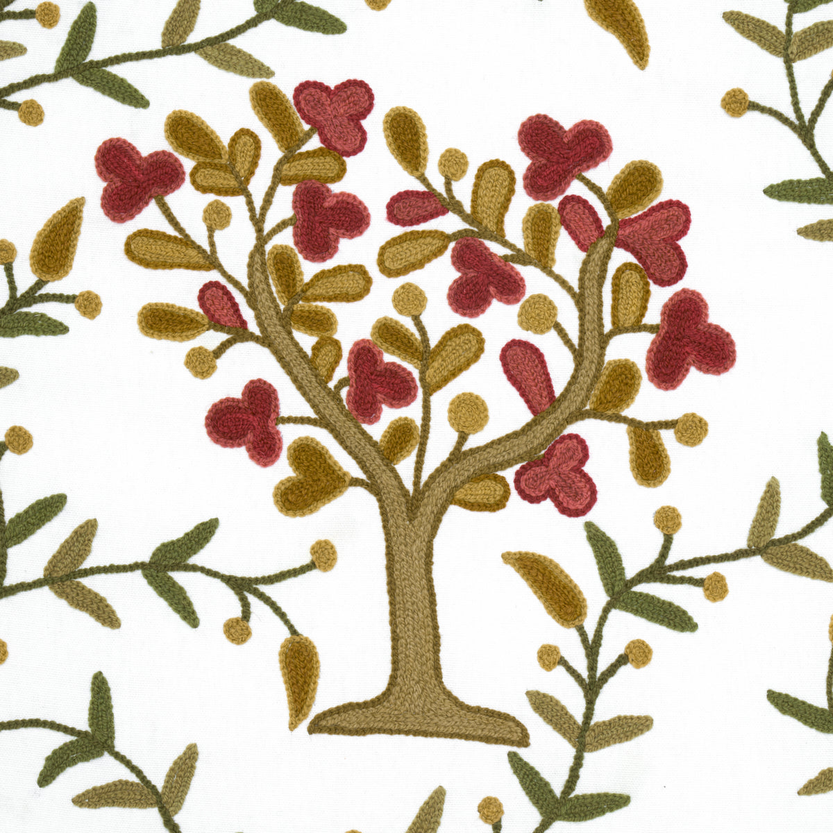 Decorative tree motif with brown trunk, red heart-shaped blossoms, olive and mustard leaves on white background.