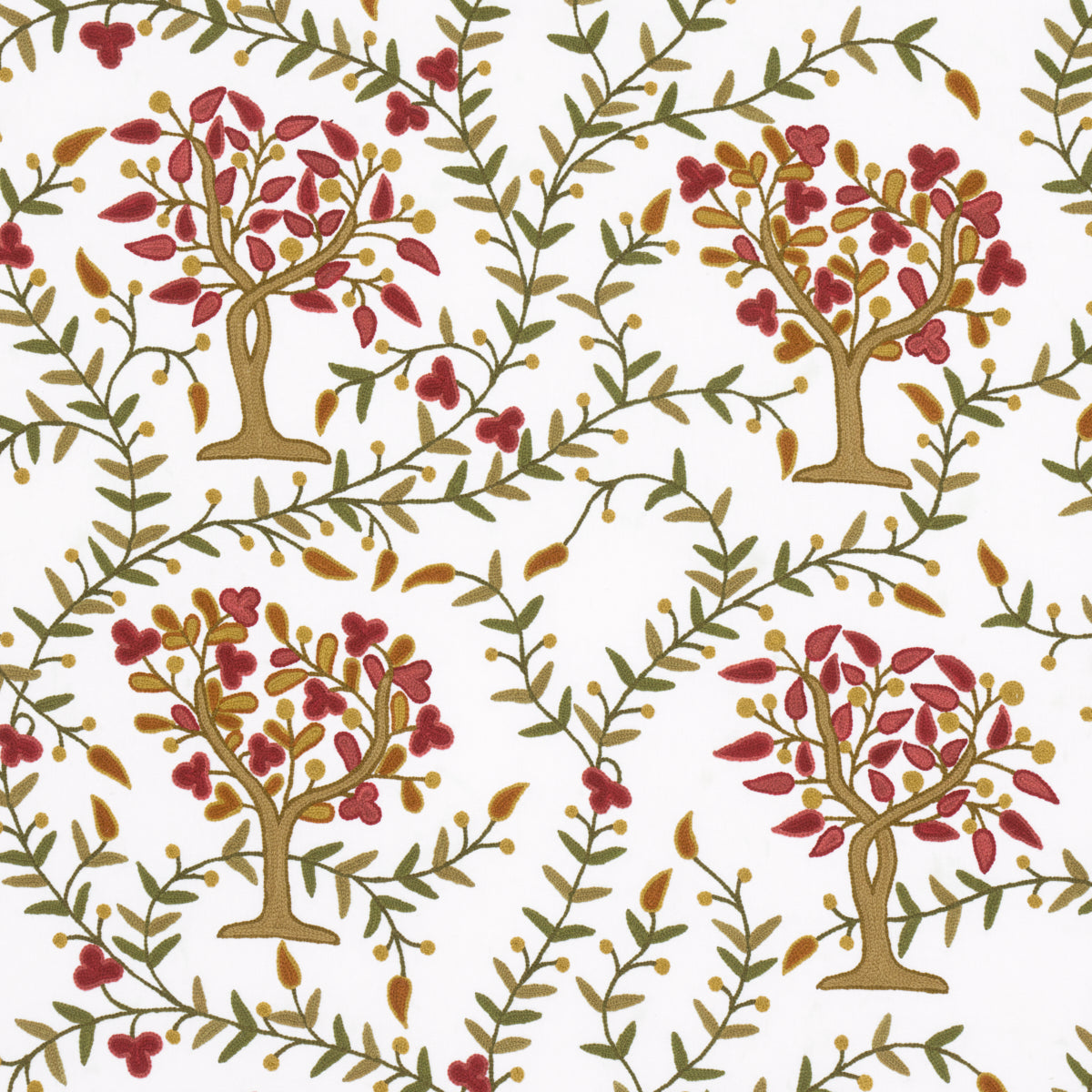 Decorative wallpaper pattern with stylized trees, red blossoms and olive-green vines; ideal for upholstery or walls.