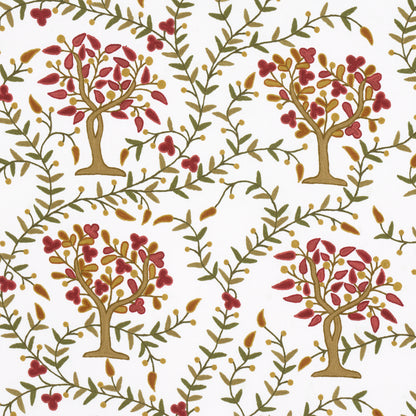 Decorative wallpaper pattern with stylized trees, red blossoms and olive-green vines; ideal for upholstery or walls.