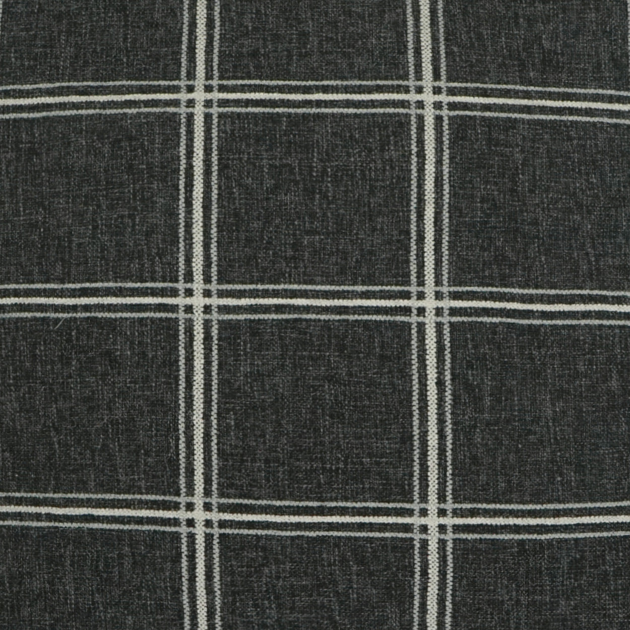 Charcoal gray plaid fabric with white grid lines; woven texture, versatile for upholstery or apparel.