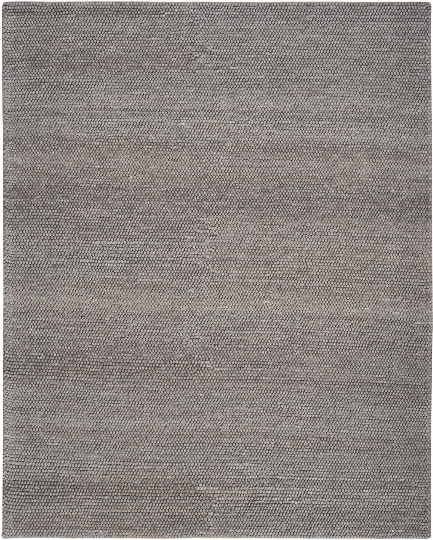 Gray-beige rectangular textured rug with tiny pebble pattern, woven surface for living room decor.