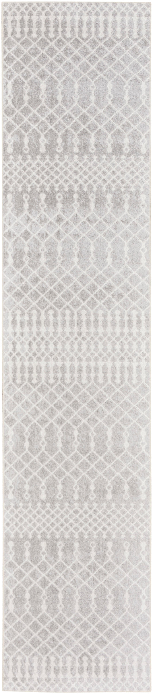 Light gray lace-patterned scarf with a delicate diamond lattice design; lightweight, decorative accessory.