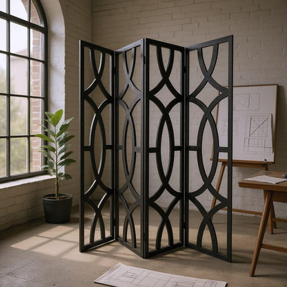 84" Black Solid Wood Folding Four Panel Screen Room Divider