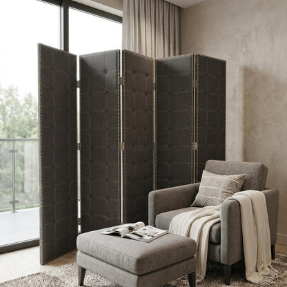 108" Gray Fabric And Wood Folding Five Panel Screen Room Divider