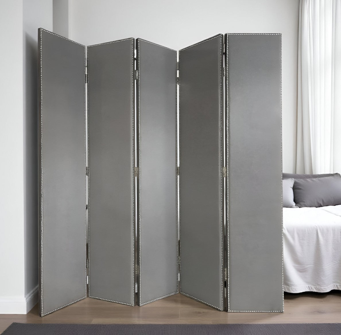 108" Gray Fabric And Wood Folding Five Panel Screen Room Divider