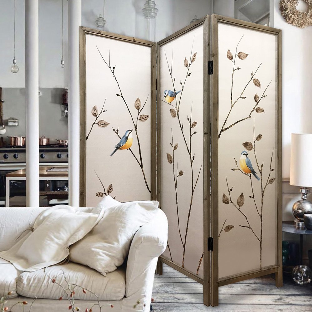 Three-panel folding room divider with beige panels, bronze frame, featuring branches with blue-yellow birds.