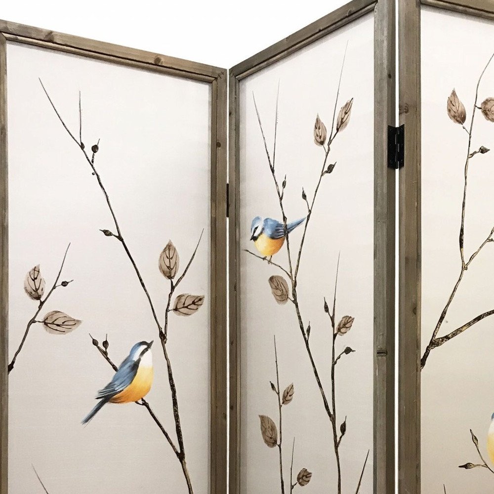 Three-panel decorative screen with blue and yellow birds perched on slender branches, beige panels, wooden frame.