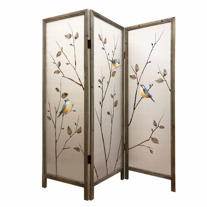 Three-panel folding screen with bronze frame and beige panels featuring blue-and-yellow birds perched on branches.