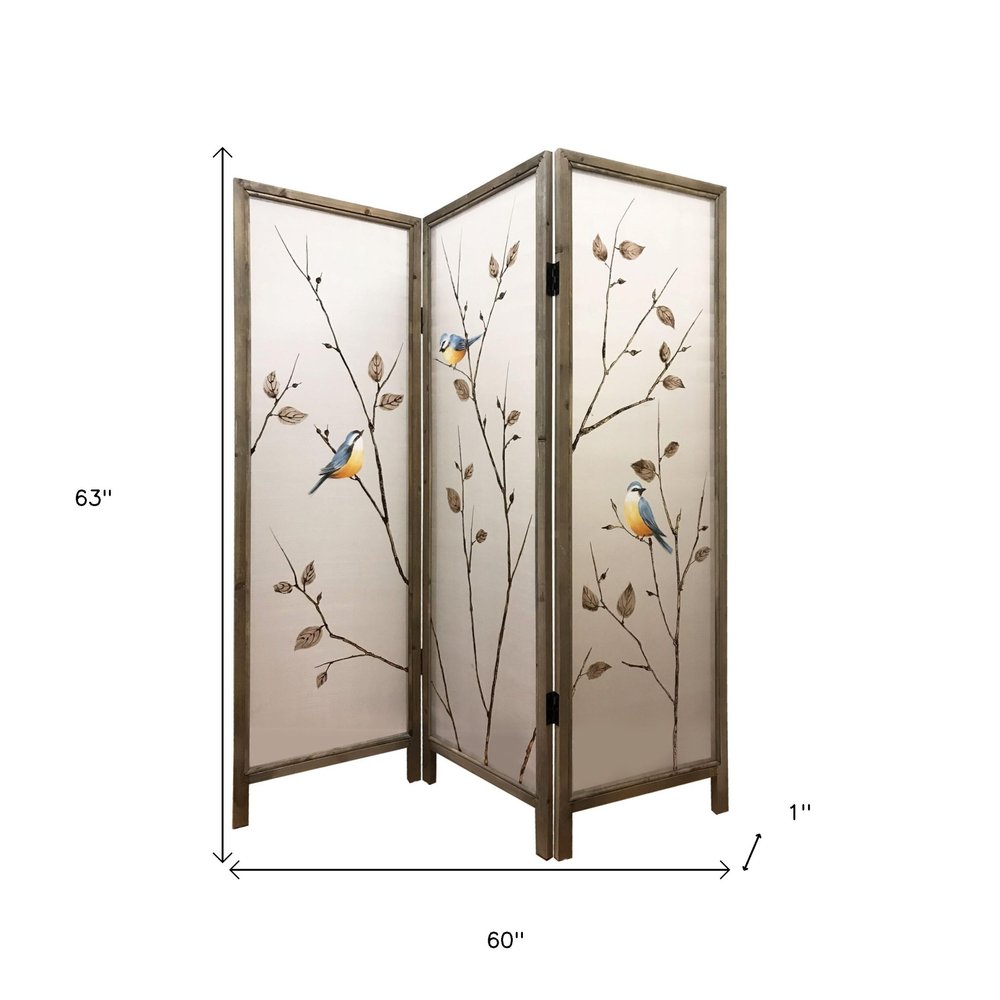 Three-panel wooden folding room divider with branch motif and blue/orange birds; rustic brown finish, 63 inches tall.
